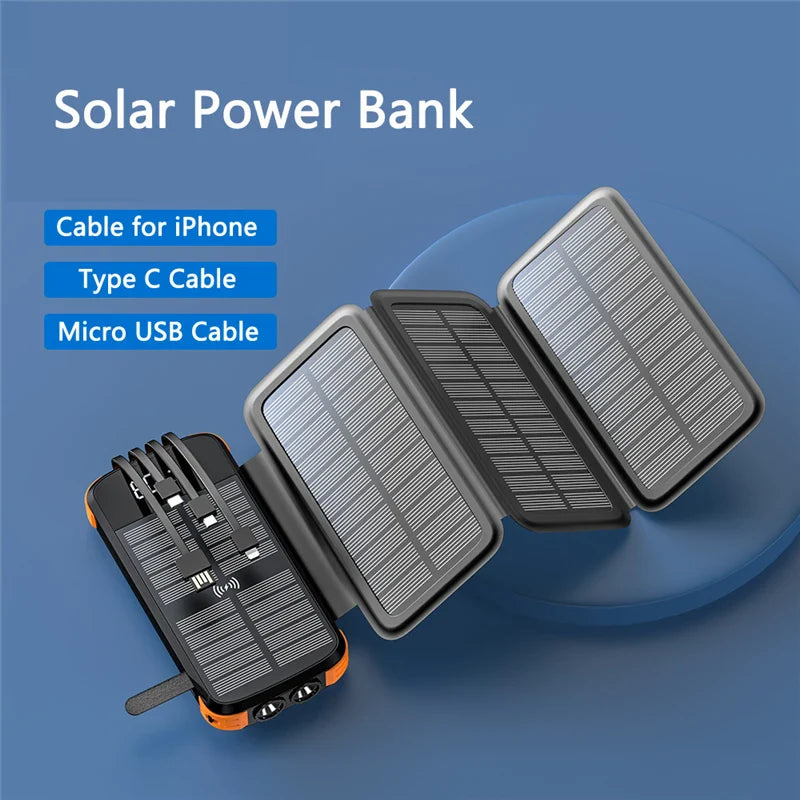 SolarPower QI 43,800 MAH: Banco de energía de carga inalámbrica con cables integrados, panel solar y luz LED.