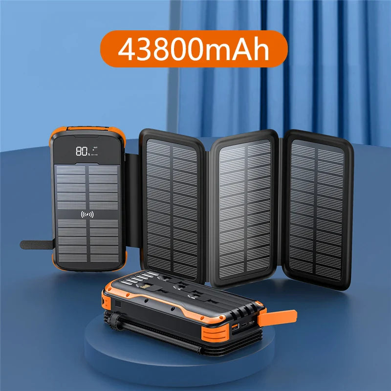 SolarPower QI 43,800 MAH: Banco de energía de carga inalámbrica con cables integrados, panel solar y luz LED.